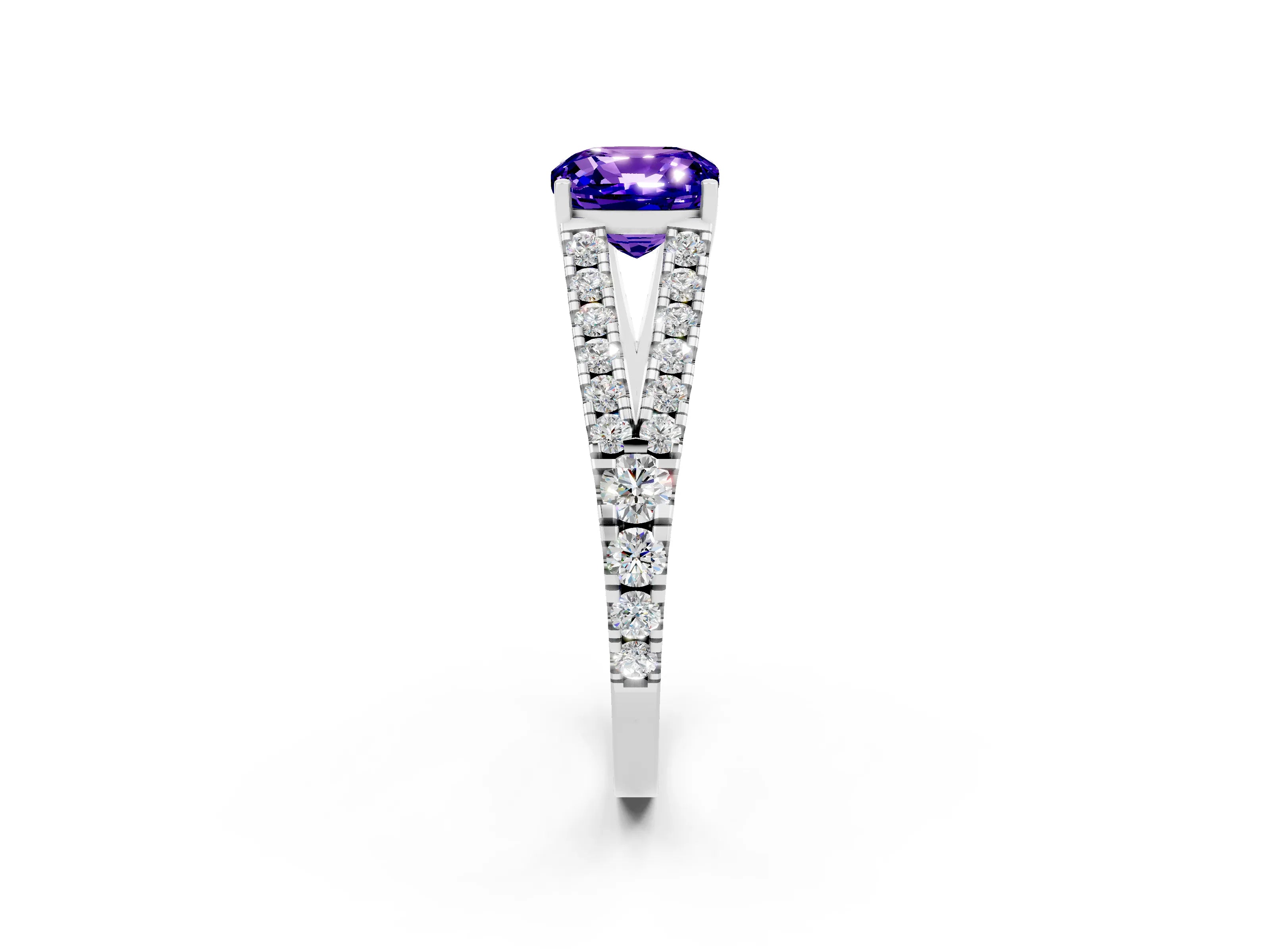 White gold Cushion Cut Tanzanite Split Shank Pavé Engagement Ring with Four-Prong Setting_14