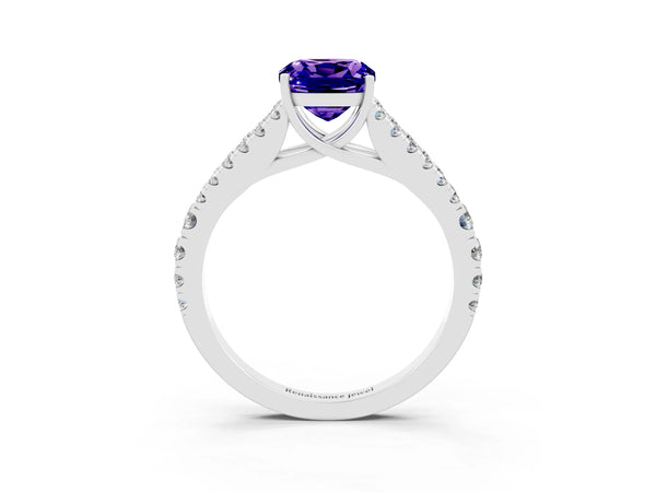 Platinum Cushion Cut Tanzanite Split Shank Pavé Engagement Ring with Four-Prong Setting