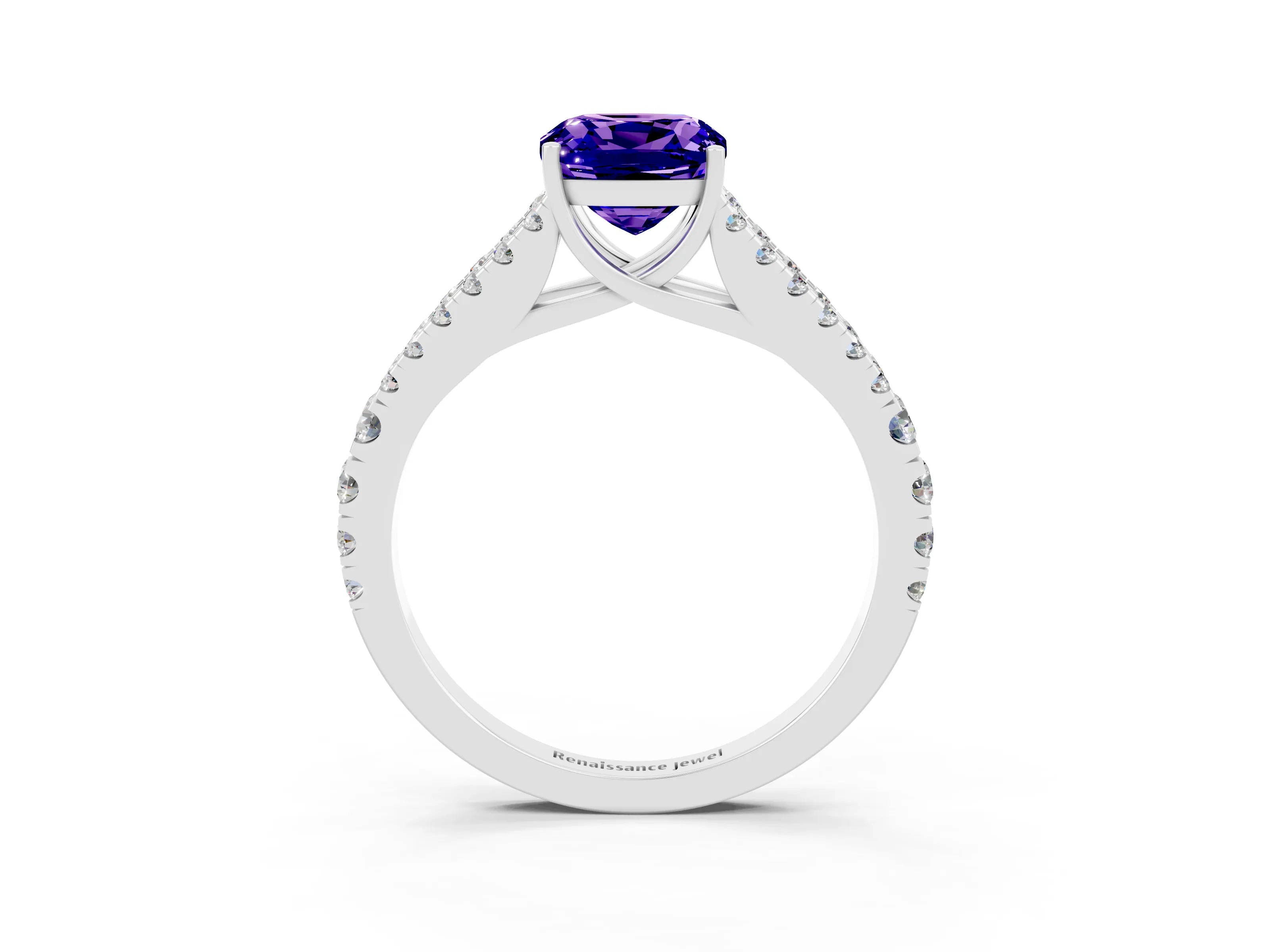 White gold Cushion Cut Tanzanite Split Shank Pavé Engagement Ring with Four-Prong Setting_15