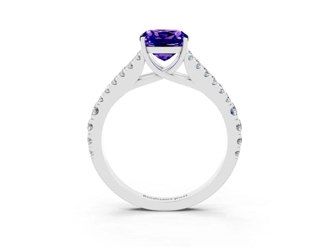 White gold Cushion Cut Tanzanite Split Shank Pavé Engagement Ring with Four-Prong Setting_15