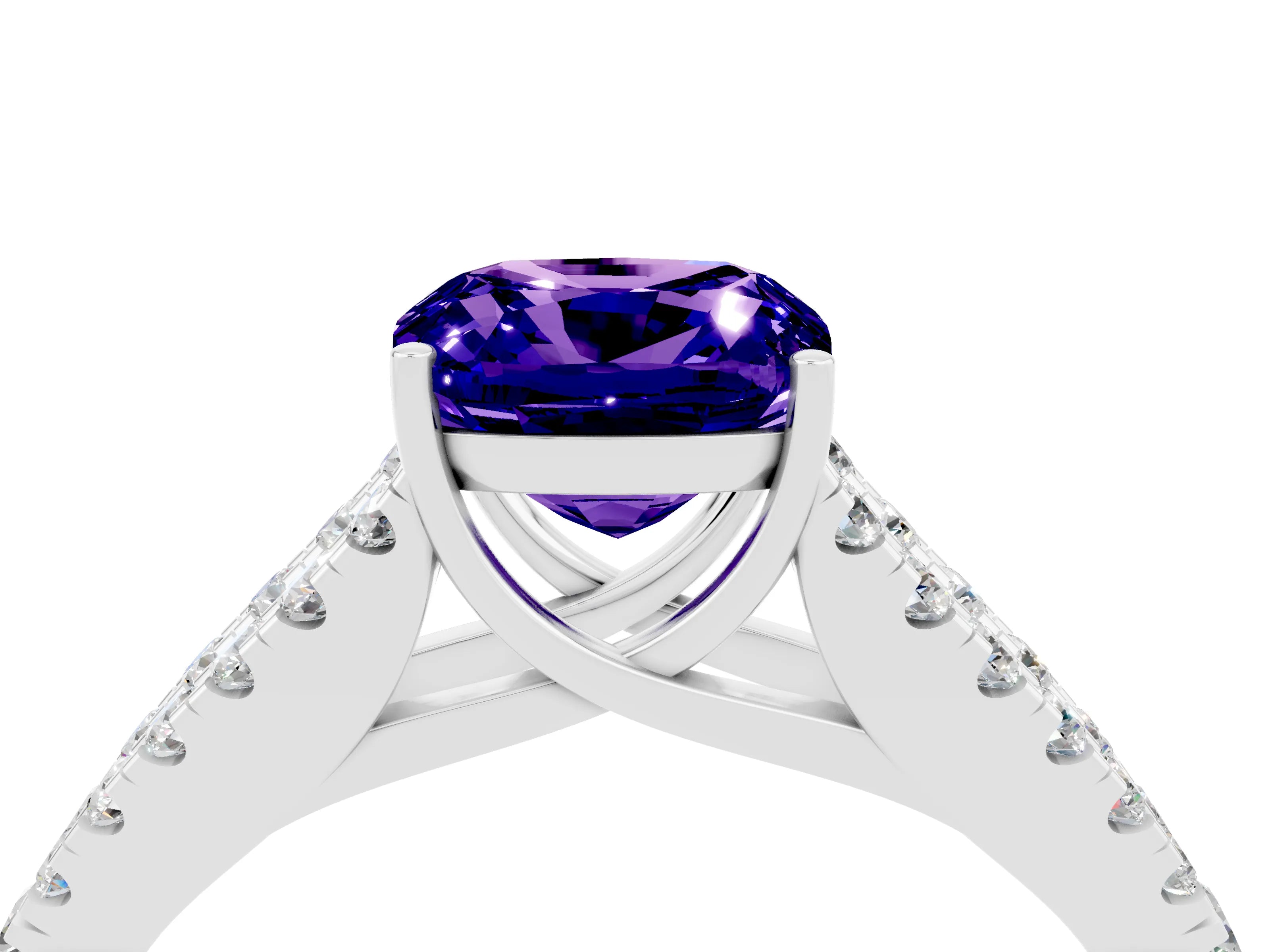 White gold Cushion Cut Tanzanite Split Shank Pavé Engagement Ring with Four-Prong Setting_16