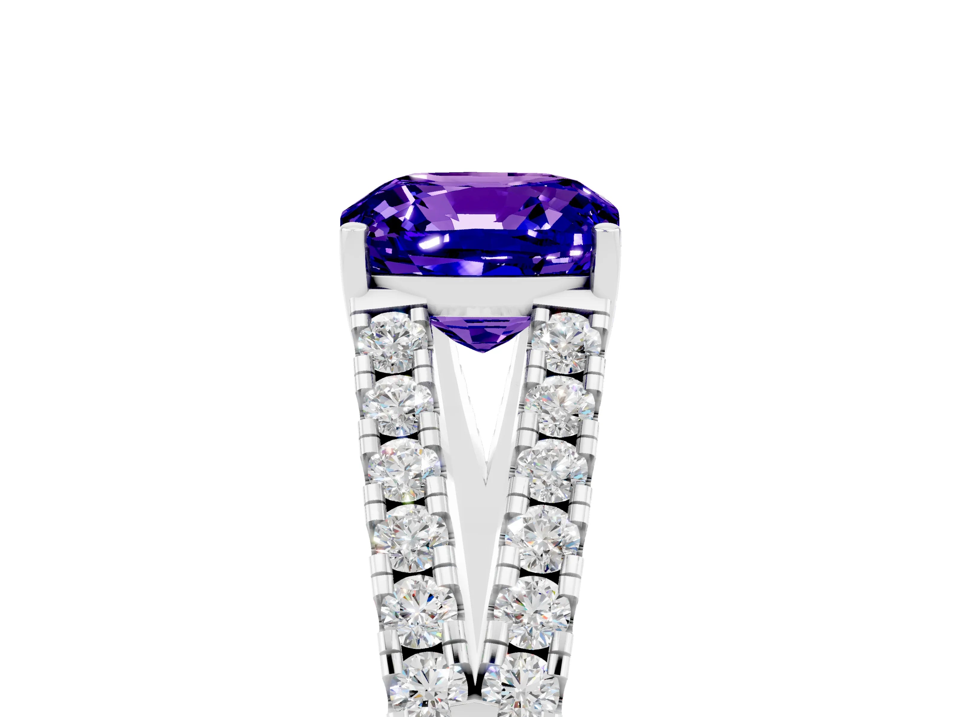 White gold Cushion Cut Tanzanite Split Shank Pavé Engagement Ring with Four-Prong Setting_17