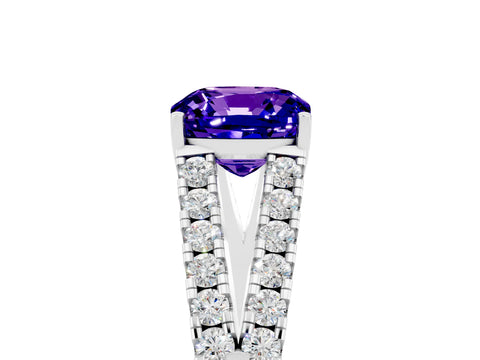 White gold Cushion Cut Tanzanite Split Shank Pavé Engagement Ring with Four-Prong Setting_17