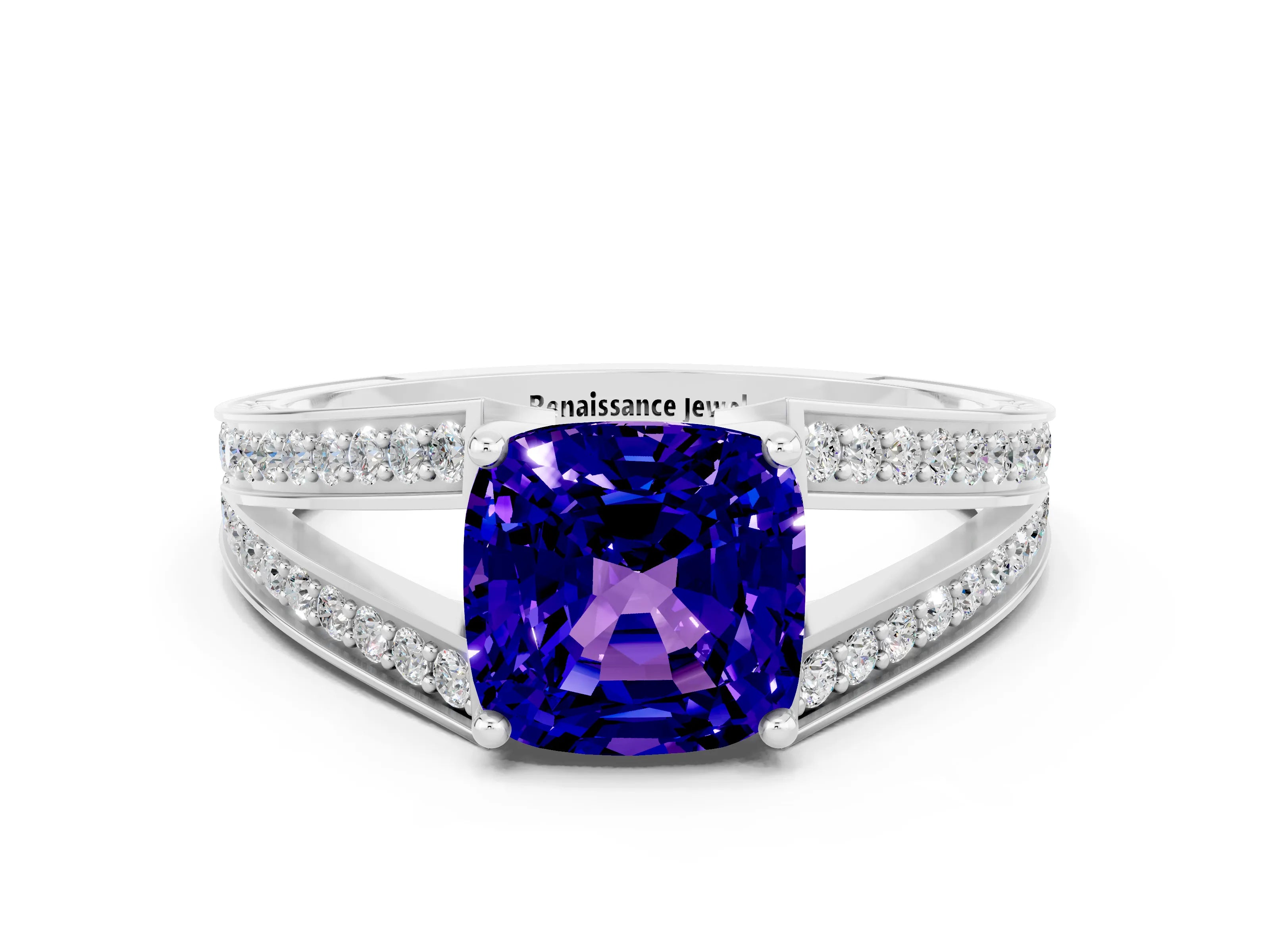 White gold Cushion Cut Tanzanite Split Shank Ring with Pavé Band and Four-Prong Setting