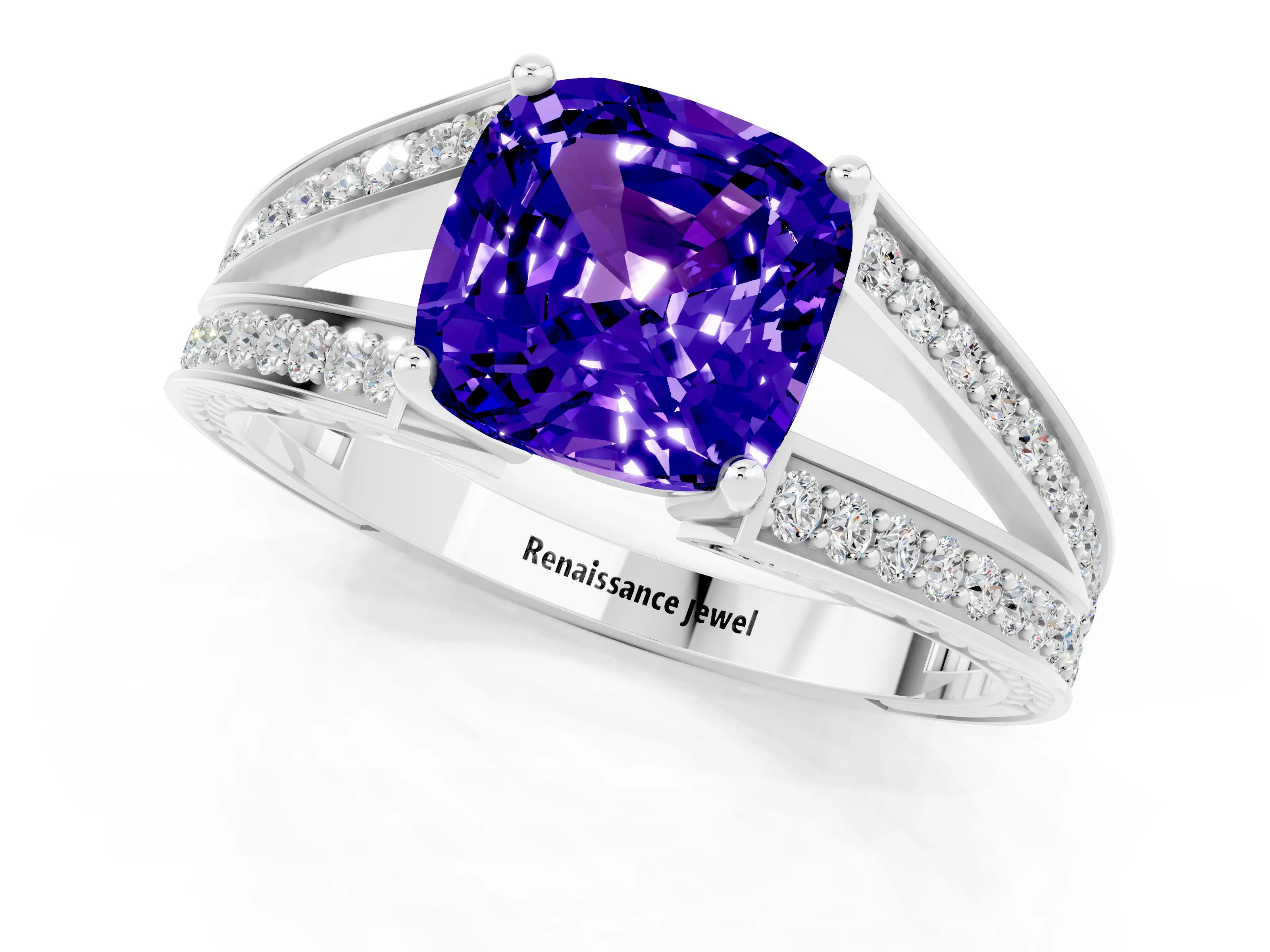 White gold Cushion Cut Tanzanite Split Shank Ring with Pavé Band and Four-Prong Setting_1