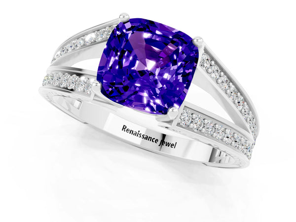 White gold Cushion Cut Tanzanite Split Shank Ring with Pavé Band and Four-Prong Setting