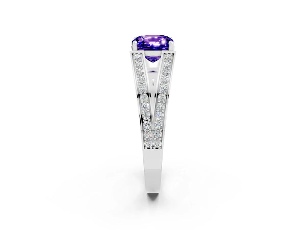 Platinum Cushion Cut Tanzanite Split Shank Ring with Pavé Band and Four-Prong Setting