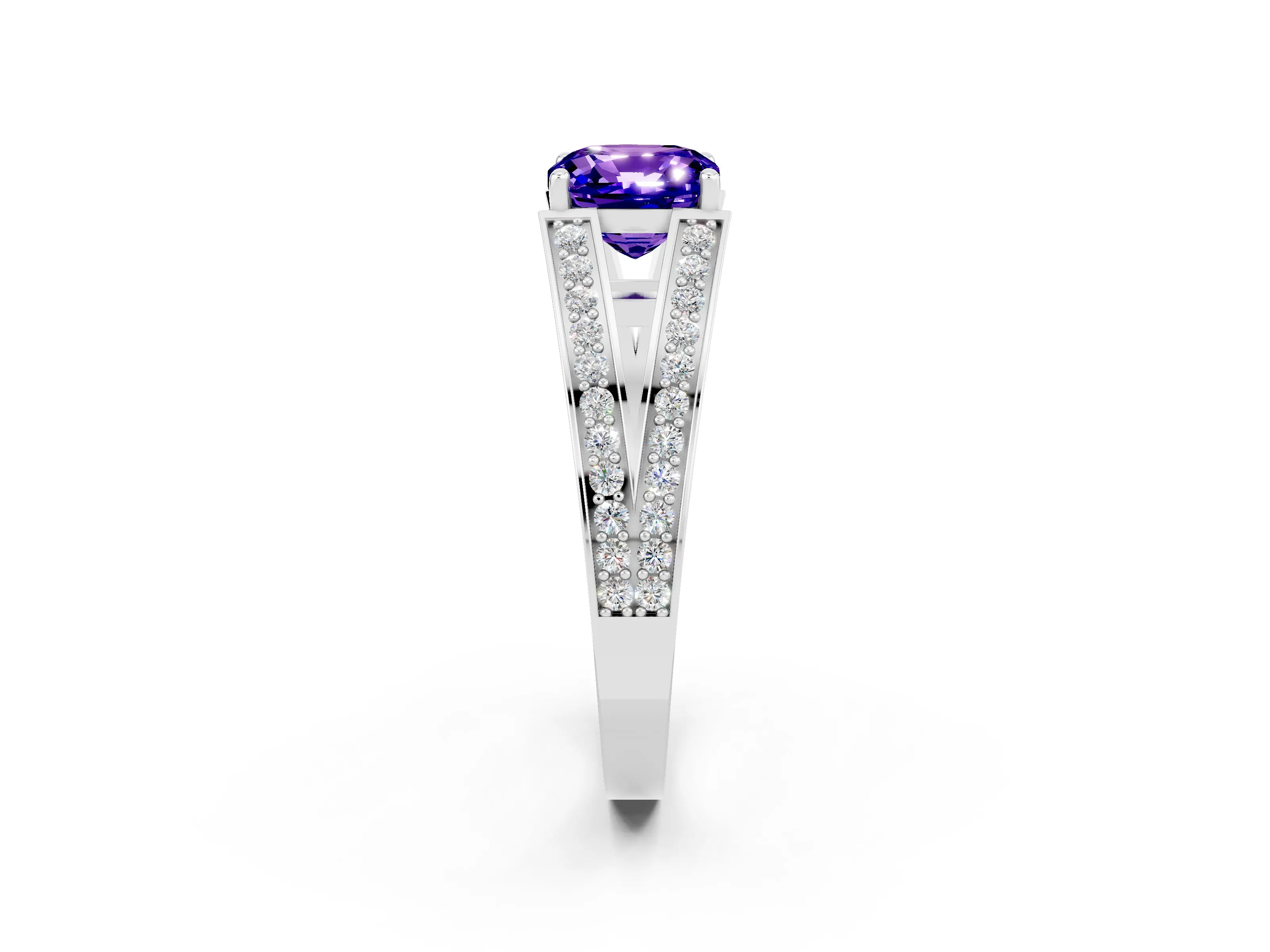 White gold Cushion Cut Tanzanite Split Shank Ring with Pavé Band and Four-Prong Setting_2