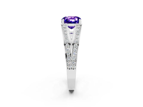 White gold Cushion Cut Tanzanite Split Shank Ring with Pavé Band and Four-Prong Setting_2