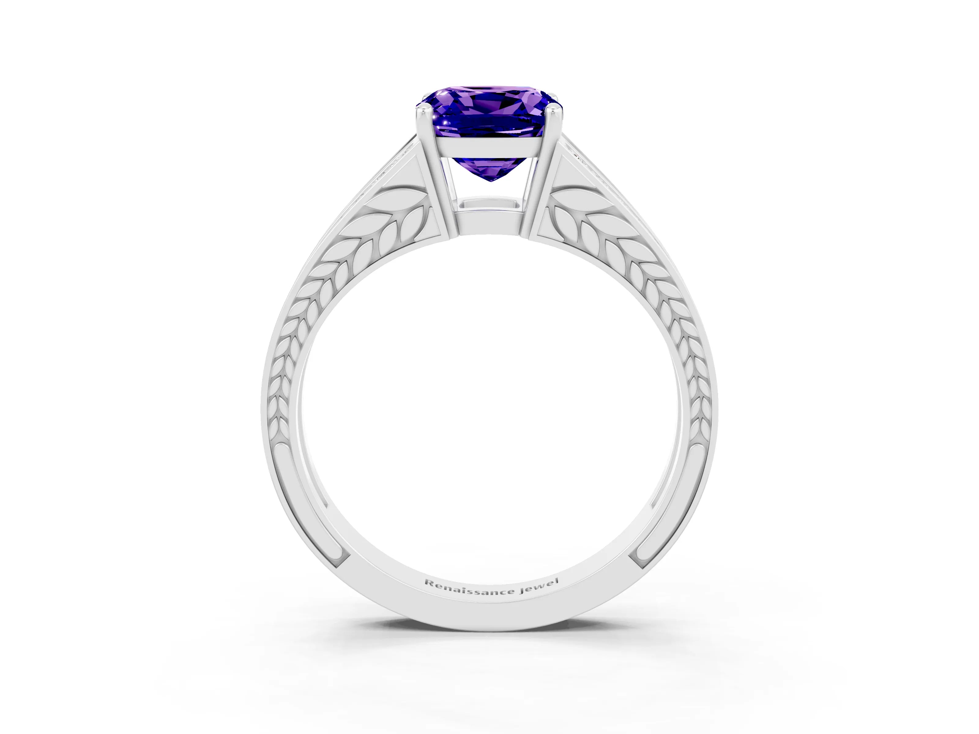 White gold Cushion Cut Tanzanite Split Shank Ring with Pavé Band and Four-Prong Setting_3