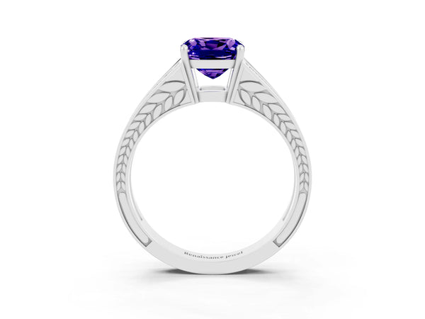Platinum Cushion Cut Tanzanite Split Shank Ring with Pavé Band and Four-Prong Setting