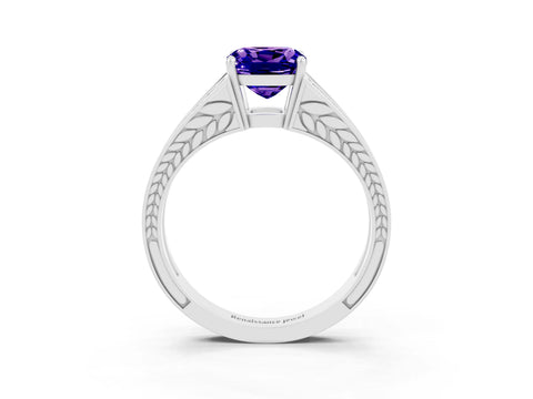 White gold Cushion Cut Tanzanite Split Shank Ring with Pavé Band and Four-Prong Setting_3