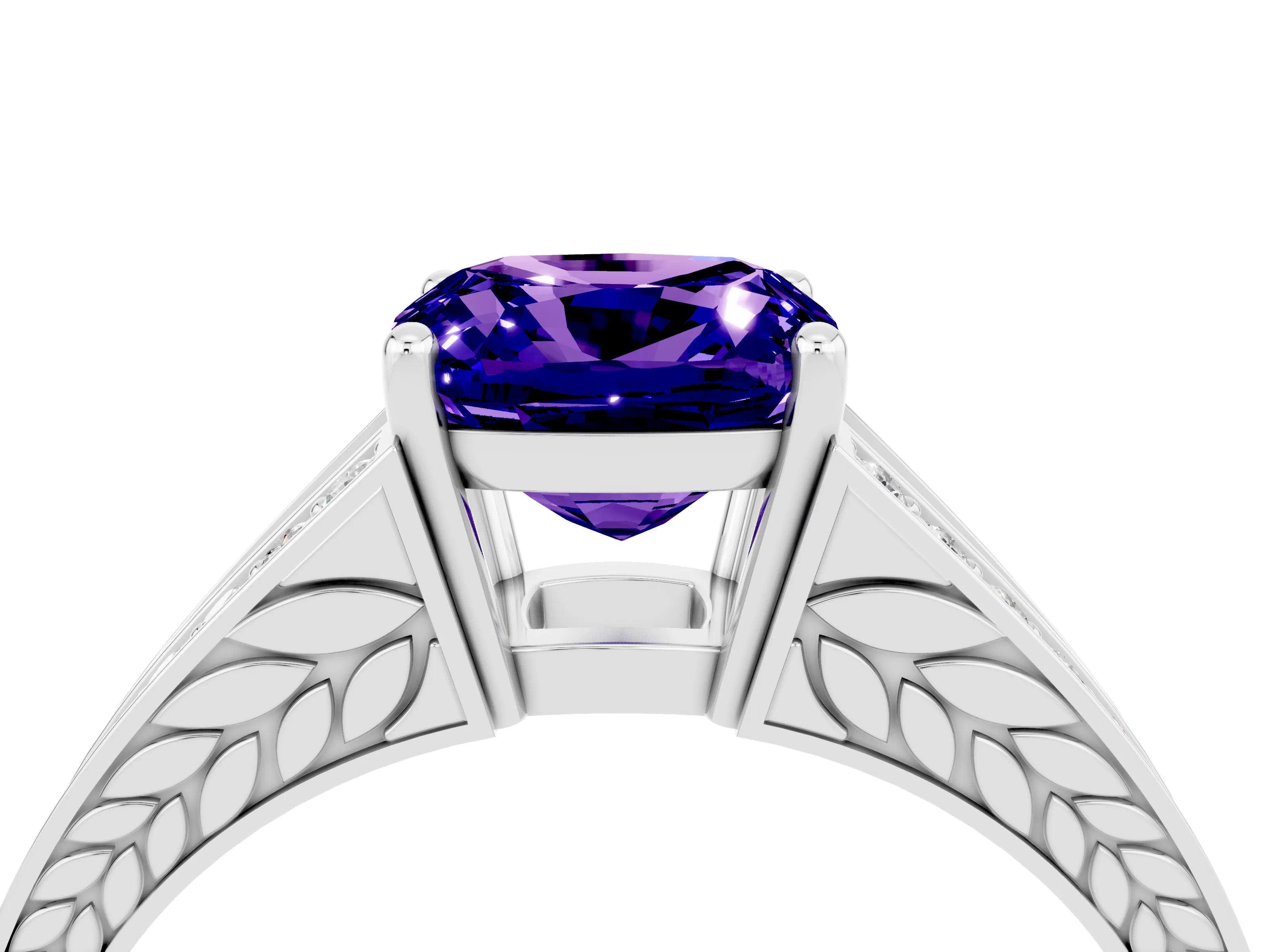White gold Cushion Cut Tanzanite Split Shank Ring with Pavé Band and Four-Prong Setting_4