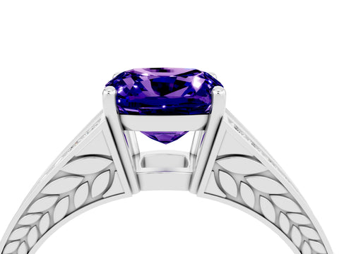 White gold Cushion Cut Tanzanite Split Shank Ring with Pavé Band and Four-Prong Setting_4