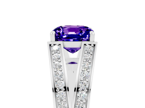 White gold Cushion Cut Tanzanite Split Shank Ring with Pavé Band and Four-Prong Setting_5