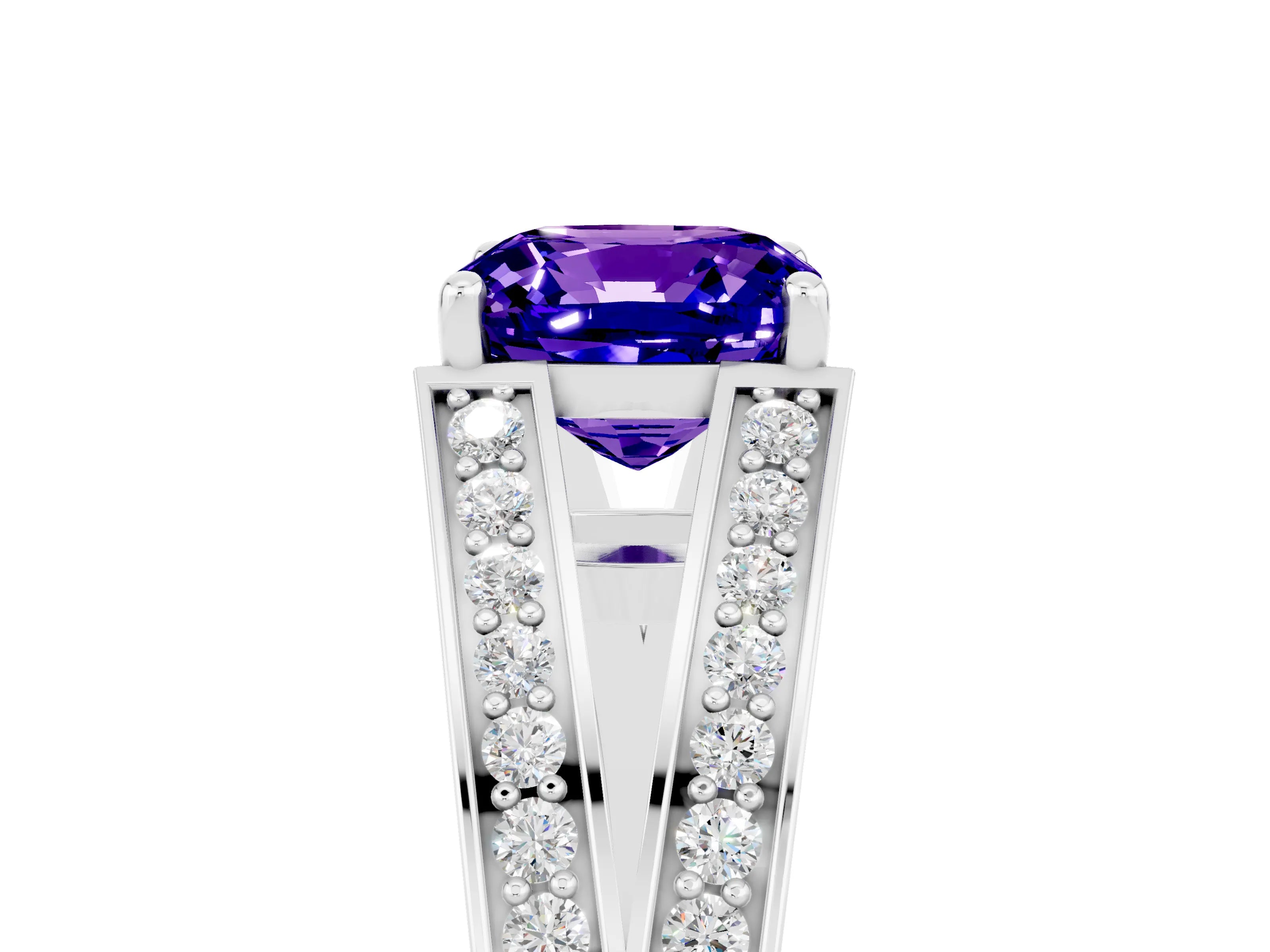 White gold Cushion Cut Tanzanite Split Shank Ring with Pavé Band and Four-Prong Setting_5