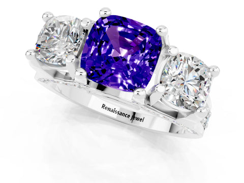White gold Cushion Cut Tanzanite Three-Stone Ring with Channel Set Band and Four-Prong Setting_1