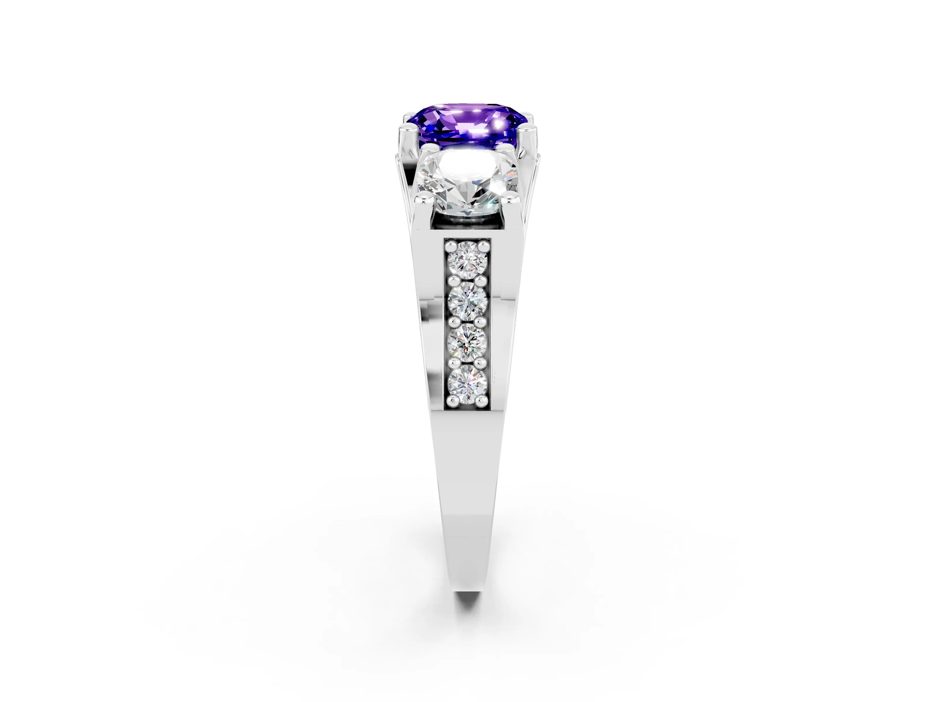 White gold Cushion Cut Tanzanite Three-Stone Ring with Channel Set Band and Four-Prong Setting_2