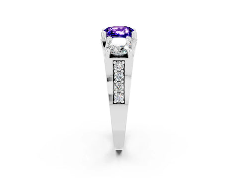 White gold Cushion Cut Tanzanite Three-Stone Ring with Channel Set Band and Four-Prong Setting_2