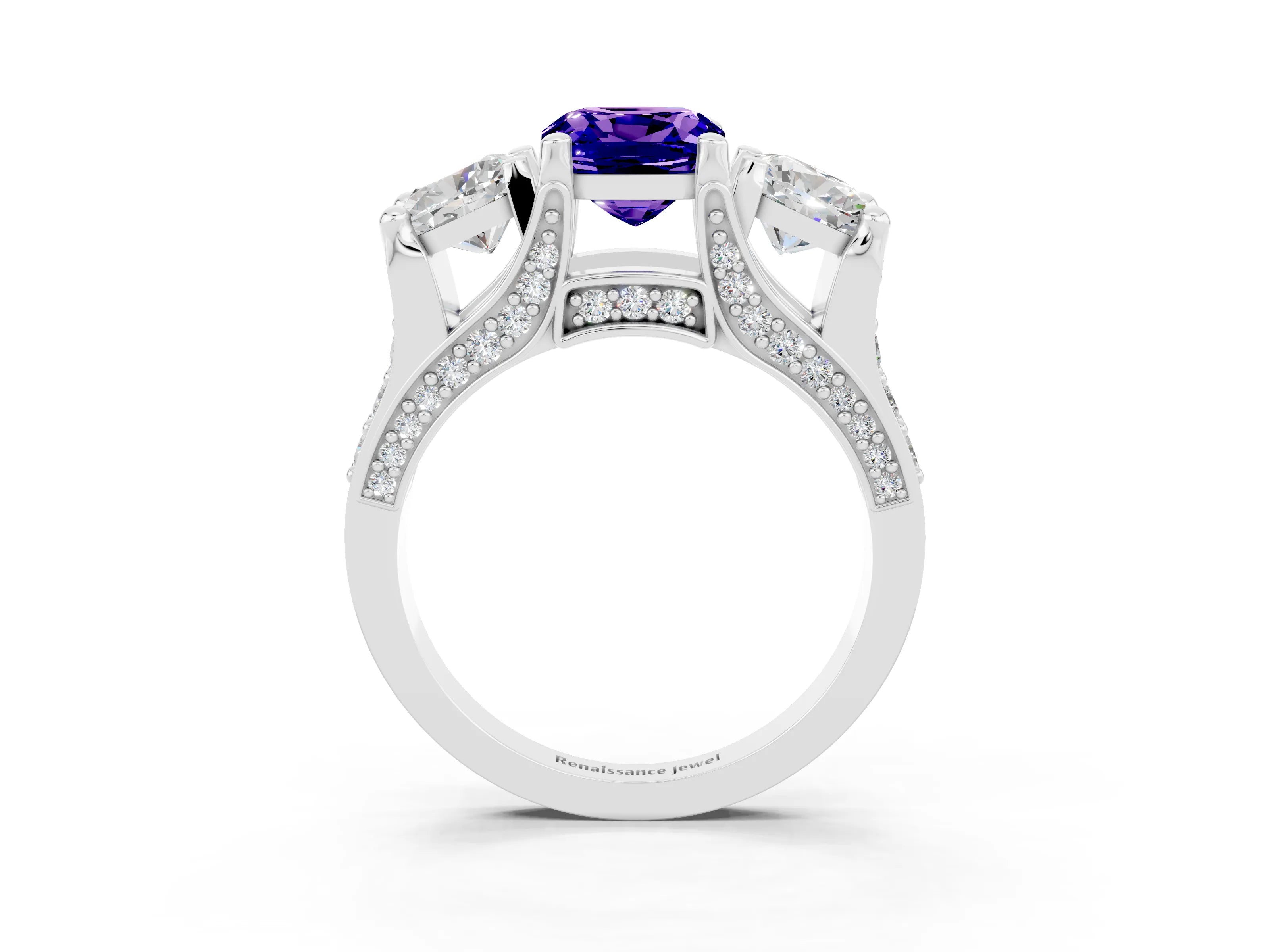 White gold Cushion Cut Tanzanite Three-Stone Ring with Channel Set Band and Four-Prong Setting_3