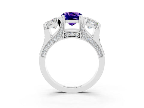 White gold Cushion Cut Tanzanite Three-Stone Ring with Channel Set Band and Four-Prong Setting_3
