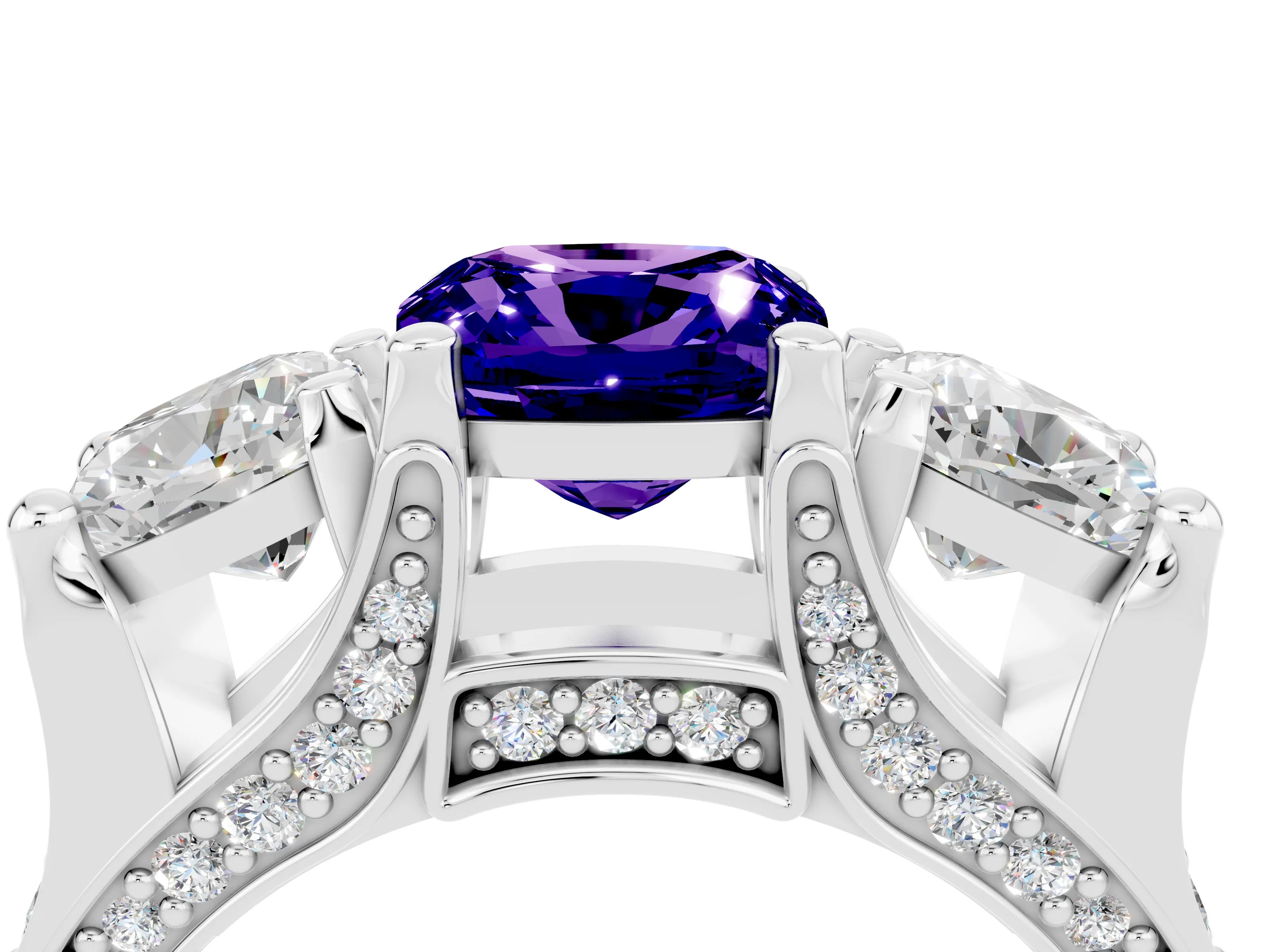 White gold Cushion Cut Tanzanite Three-Stone Ring with Channel Set Band and Four-Prong Setting_4