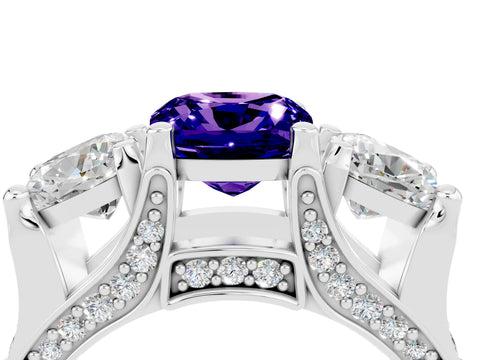 White gold Cushion Cut Tanzanite Three-Stone Ring with Channel Set Band and Four-Prong Setting_4