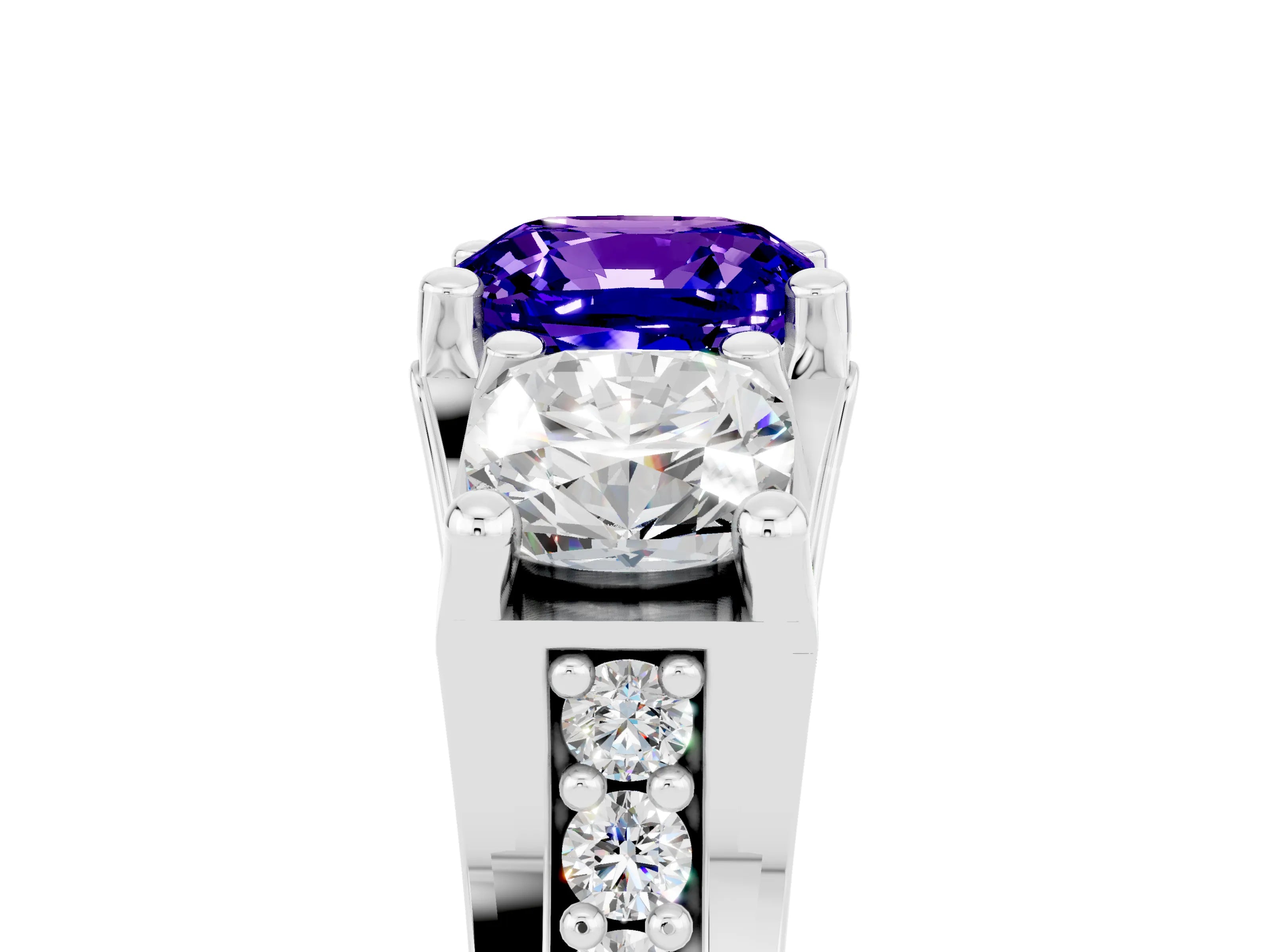 White gold Cushion Cut Tanzanite Three-Stone Ring with Channel Set Band and Four-Prong Setting_5