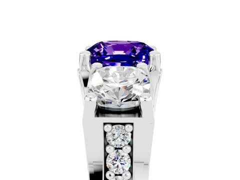 White gold Cushion Cut Tanzanite Three-Stone Ring with Channel Set Band and Four-Prong Setting_5
