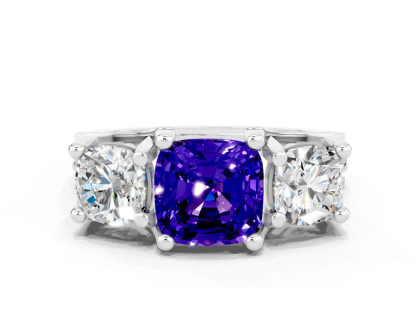 Silver Cushion Cut Tanzanite Three-Stone Ring with Channel Set Band and Four-Prong Setting