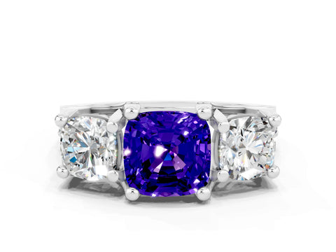 White gold Cushion Cut Tanzanite Three-Stone Ring with Channel Set Band and Four-Prong Setting