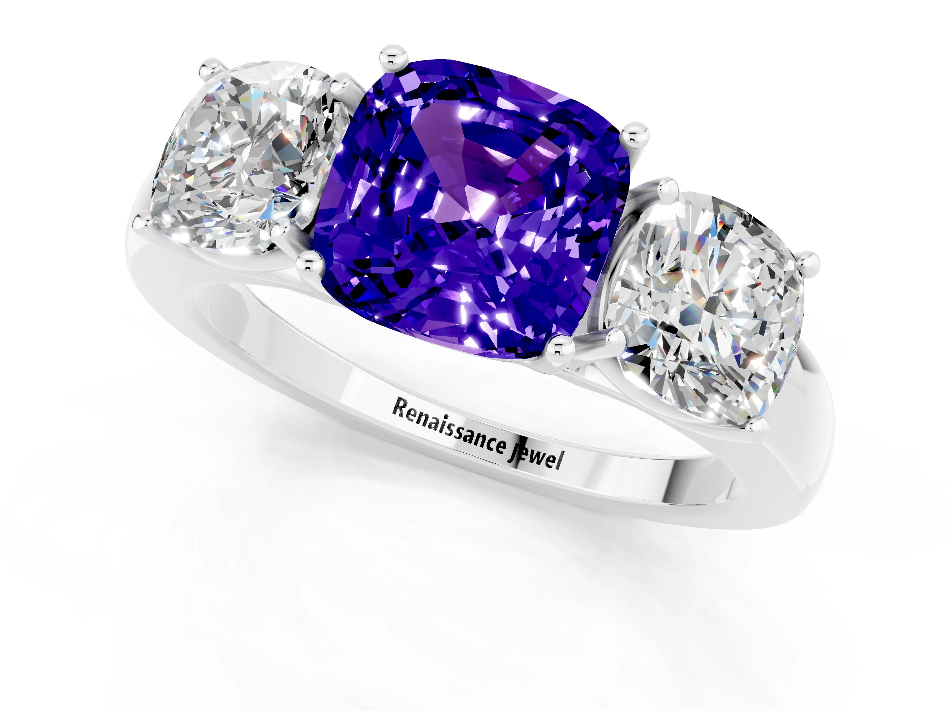 White gold Cushion Cut Tanzanite Three-Stone Ring with Four-Prong Setting and Classic Band_1
