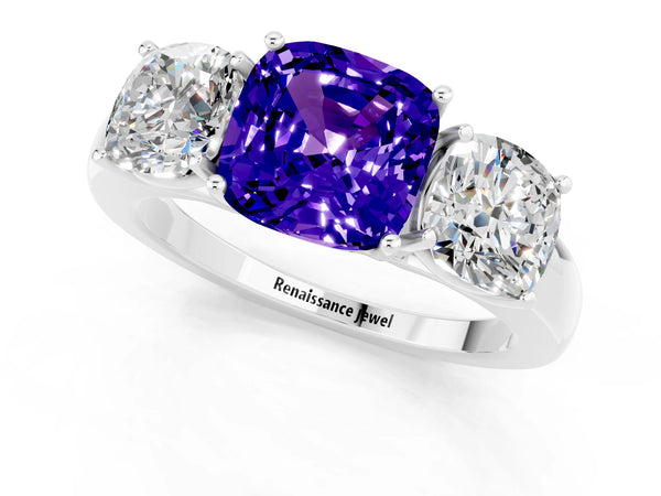 Platinum Cushion Cut Tanzanite Three-Stone Ring with Four-Prong Setting and Classic Band