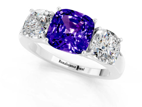 White gold Cushion Cut Tanzanite Three-Stone Ring with Four-Prong Setting and Classic Band_1