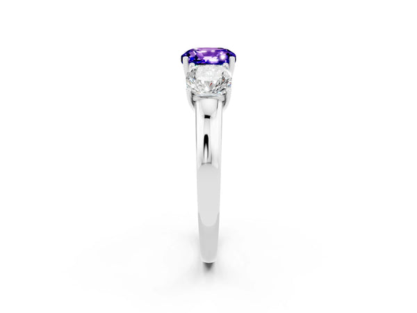 Silver Cushion Cut Tanzanite Three-Stone Ring with Four-Prong Setting and Classic Band