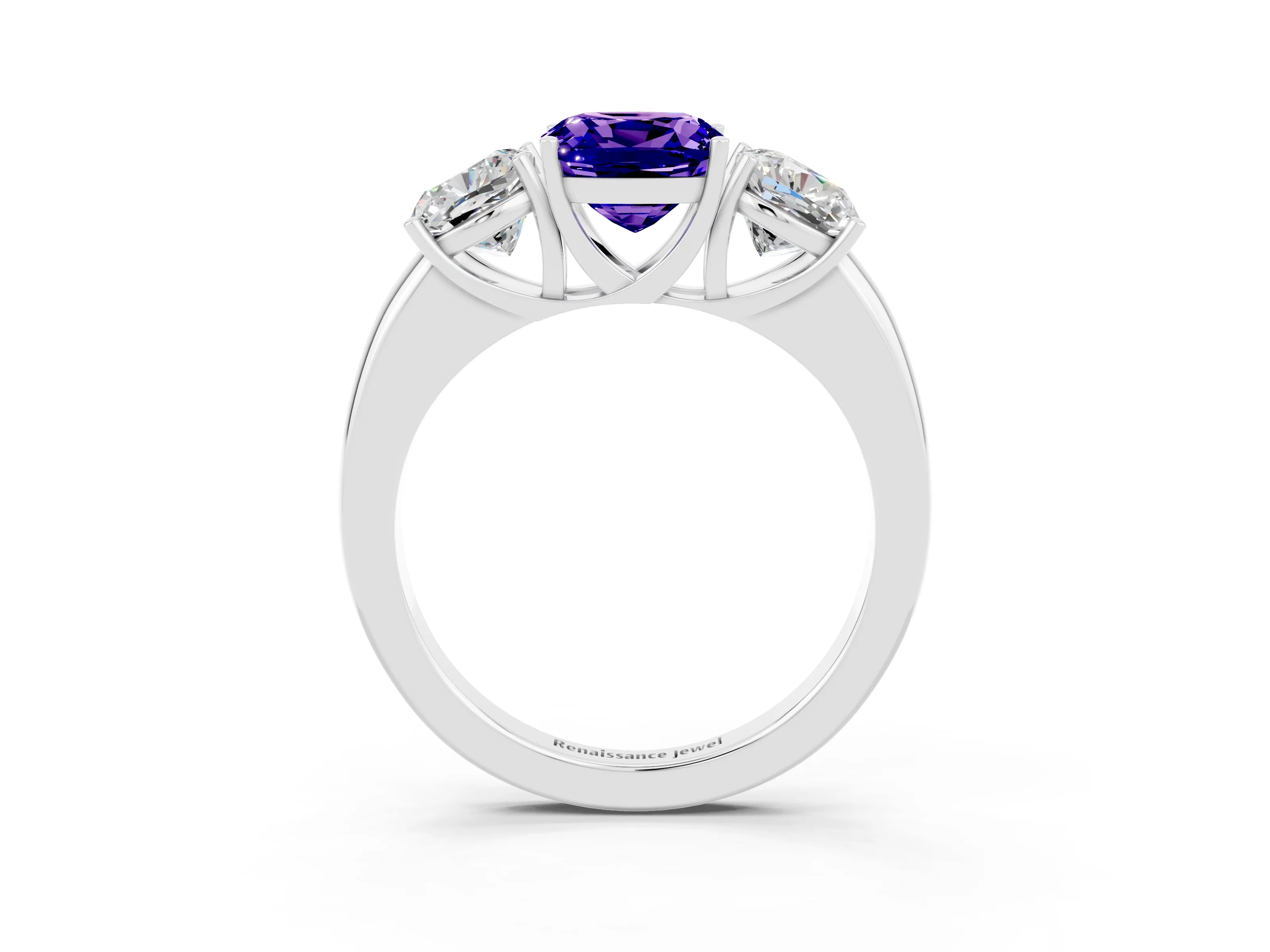 White gold Cushion Cut Tanzanite Three-Stone Ring with Four-Prong Setting and Classic Band_3