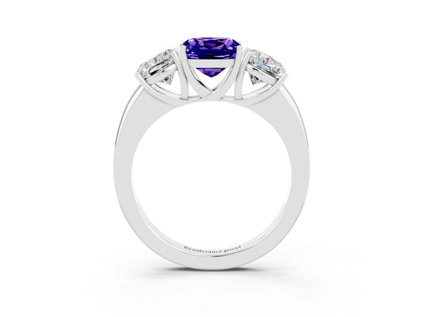 Silver Cushion Cut Tanzanite Three-Stone Ring with Four-Prong Setting and Classic Band