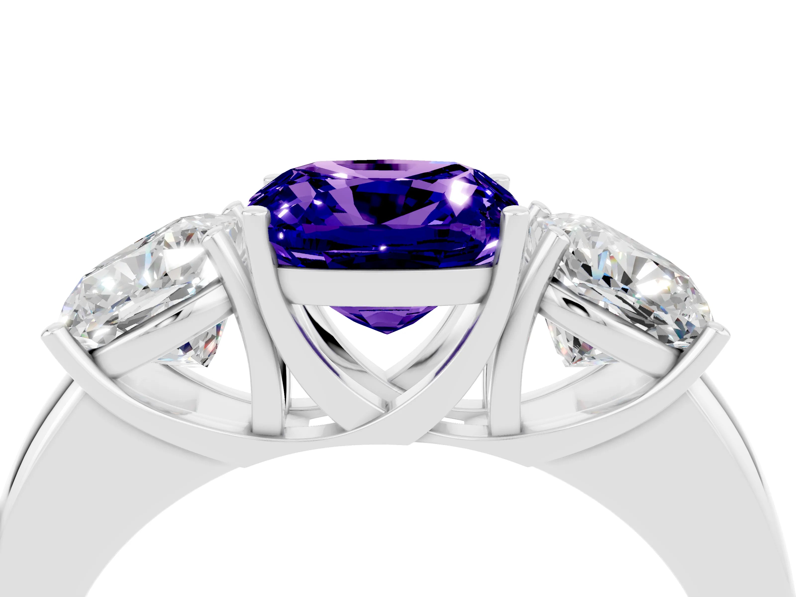 White gold Cushion Cut Tanzanite Three-Stone Ring with Four-Prong Setting and Classic Band_4