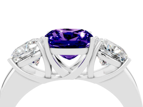 White gold Cushion Cut Tanzanite Three-Stone Ring with Four-Prong Setting and Classic Band_4