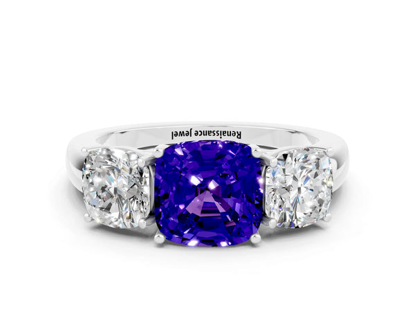 Silver Cushion Cut Tanzanite Three-Stone Ring with Four-Prong Setting and Classic Band