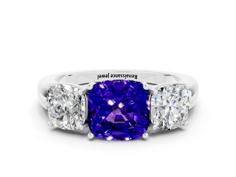 White gold Cushion Cut Tanzanite Three-Stone Ring with Four-Prong Setting and Classic Band