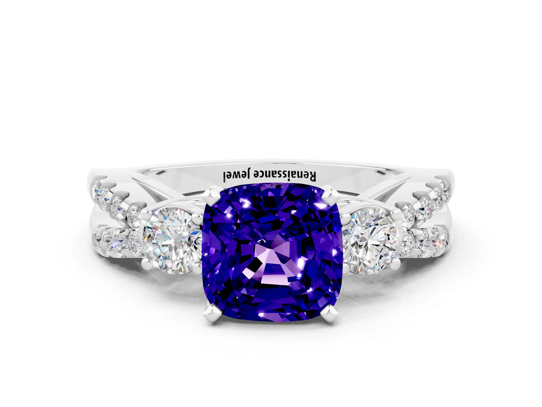 White gold Cushion Cut Tanzanite Three-Stone Ring with Pavé Split Shank and Four-Prong Setting_12