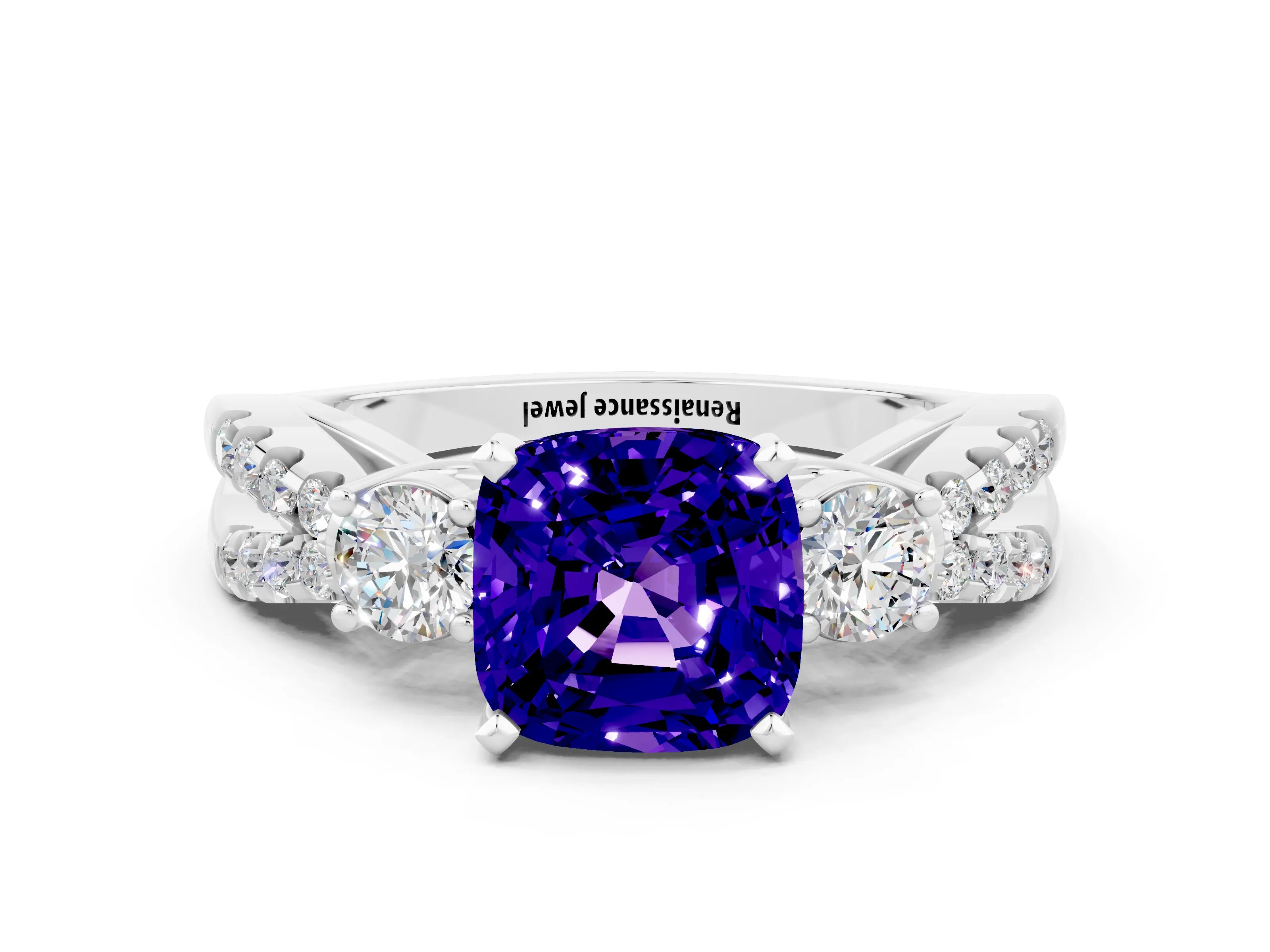 White gold Cushion Cut Tanzanite Three-Stone Ring with Pavé Split Shank and Four-Prong Setting_12