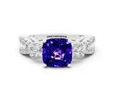 White gold Cushion Cut Tanzanite Three-Stone Ring with Pavé Split Shank and Four-Prong Setting_12