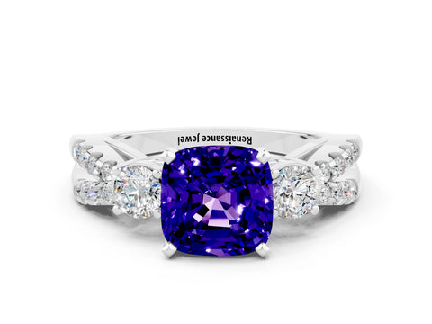 White gold Cushion Cut Tanzanite Three-Stone Ring with Pavé Split Shank and Four-Prong Setting_12