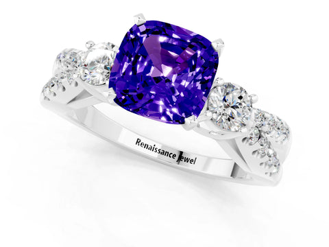 White gold Cushion Cut Tanzanite Three-Stone Ring with Pavé Split Shank and Four-Prong Setting_13