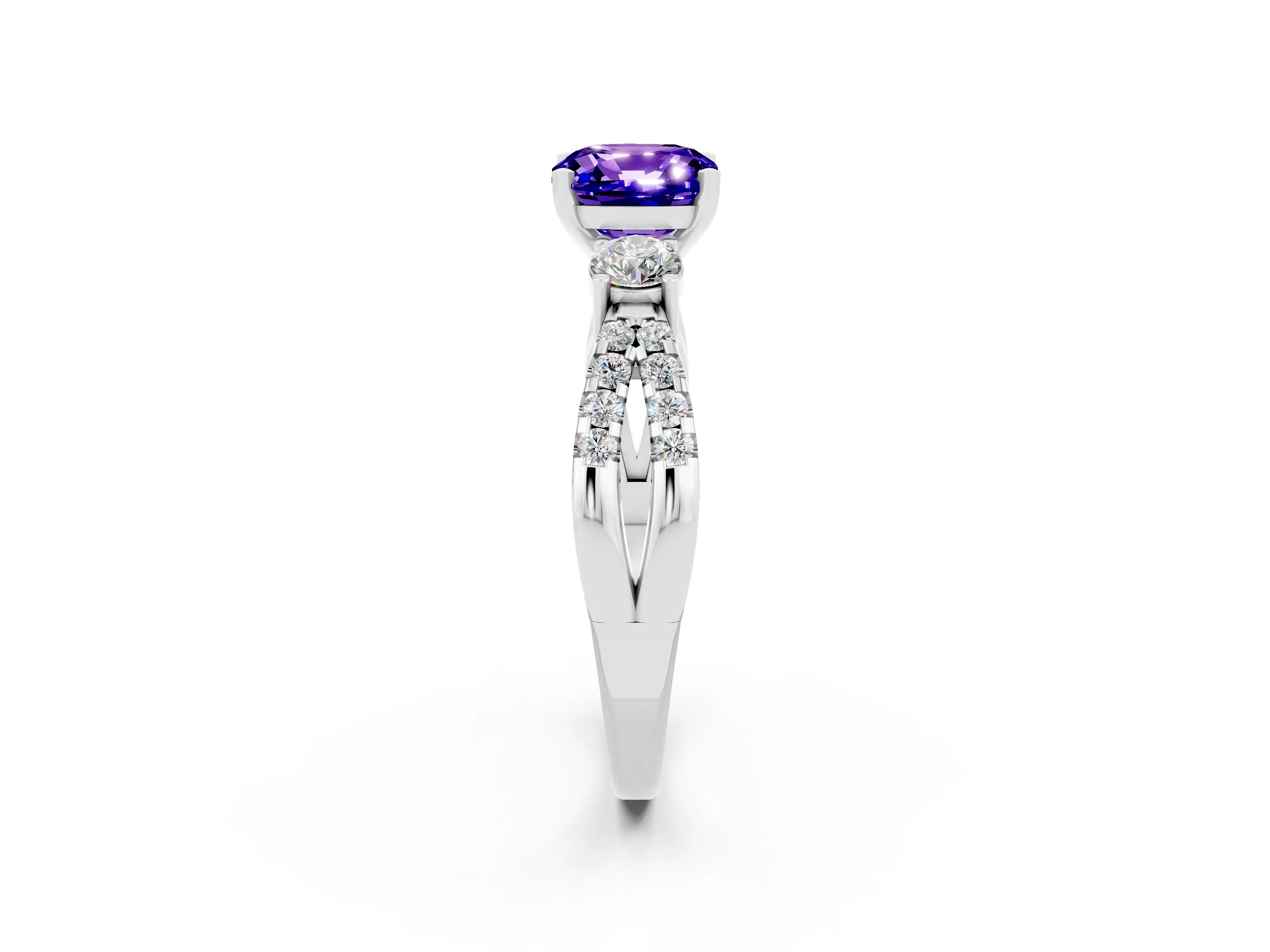 White gold Cushion Cut Tanzanite Three-Stone Ring with Pavé Split Shank and Four-Prong Setting_14