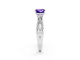White gold Cushion Cut Tanzanite Three-Stone Ring with Pavé Split Shank and Four-Prong Setting_14