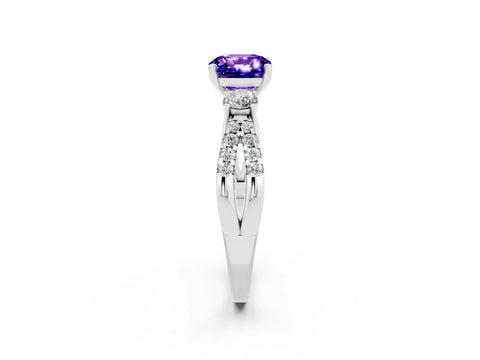 White gold Cushion Cut Tanzanite Three-Stone Ring with Pavé Split Shank and Four-Prong Setting_14