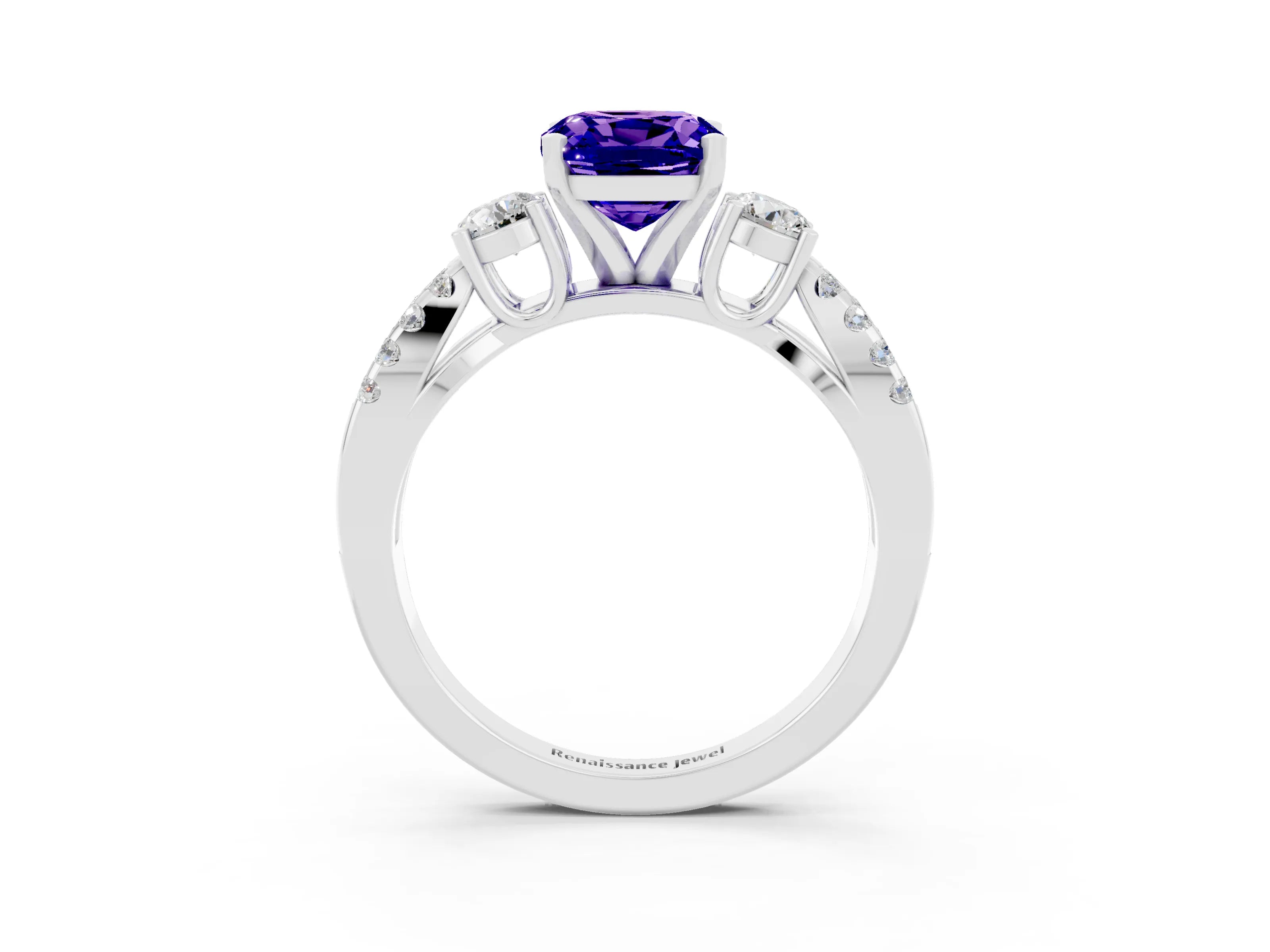 White gold Cushion Cut Tanzanite Three-Stone Ring with Pavé Split Shank and Four-Prong Setting_15